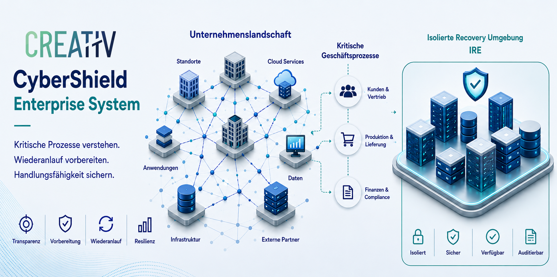 CyberShield Enterprise System, Unternehmenslandschaft, kritische Geschäftsprozesse und isolierte Recovery Umgebung